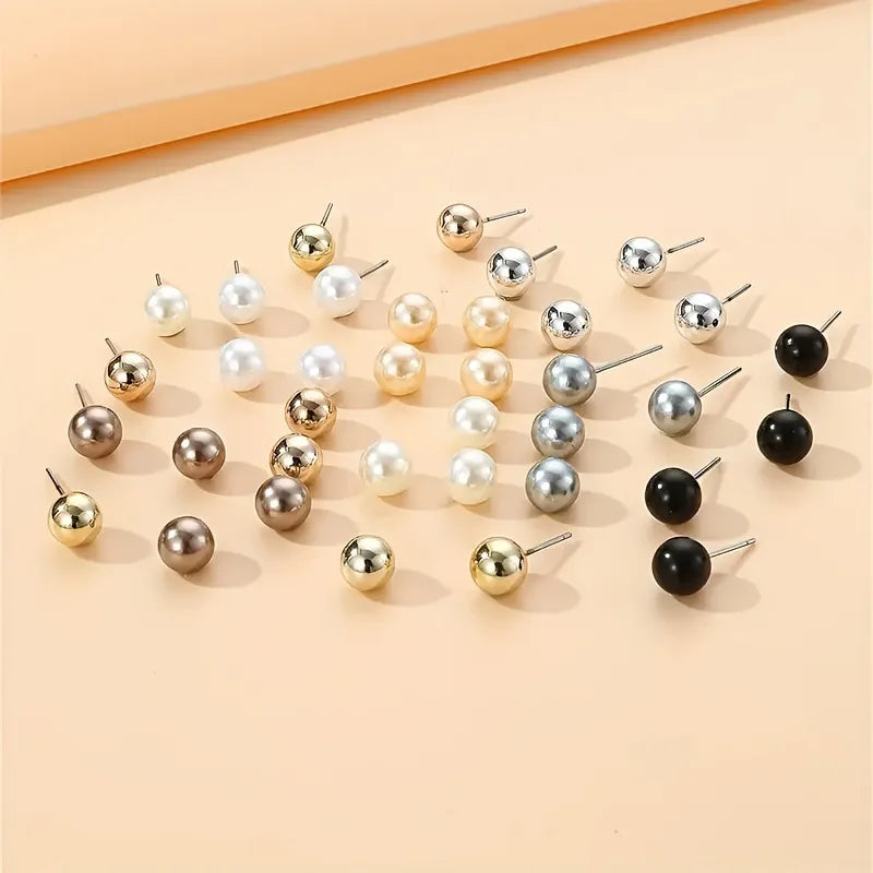18 Pairs Elegant Multi-color Imitation Pearl Stud Earrings Korean Charm Ball Bead Earrings Women Trend Party Wedding Jewelry 