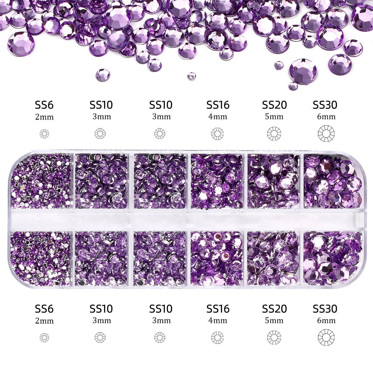 2400pcs+ Shiny Clear Crystal Gems Nail Rhinestones 1.5-4mm Mixed Round Glass Stone Flatback Nail Charms 12grids Nail Diamond 