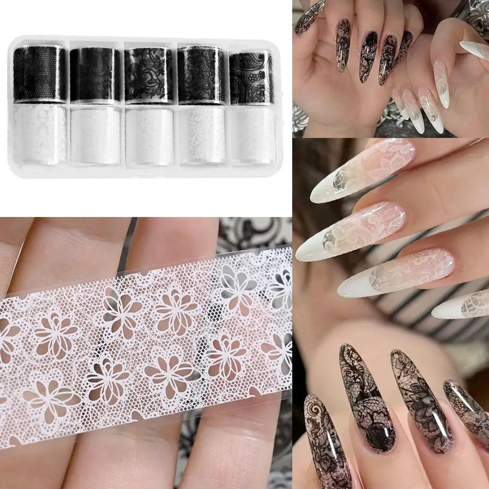 10 Rolls Black White Lace Nail Foil Transfer Stickers DIY Waterproof Nail Decoration Supplies Nail Accessorie