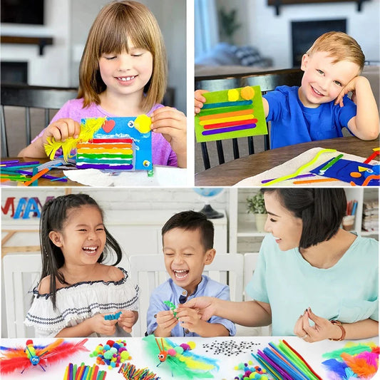 1000pcs Kids Crafts Art Supplies Kit Pipe Cleaners Pompoms Foam Stickers Feather Felt Cloth Button DIY Creative Craft Toy Gif