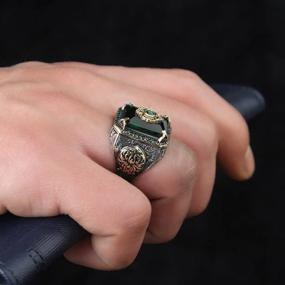 Retro Handmade Turkish Signet Ring for Men Vintage Silver Color Carving Pattern Inlay Green Zircon Party Punk Motor Biker Rin