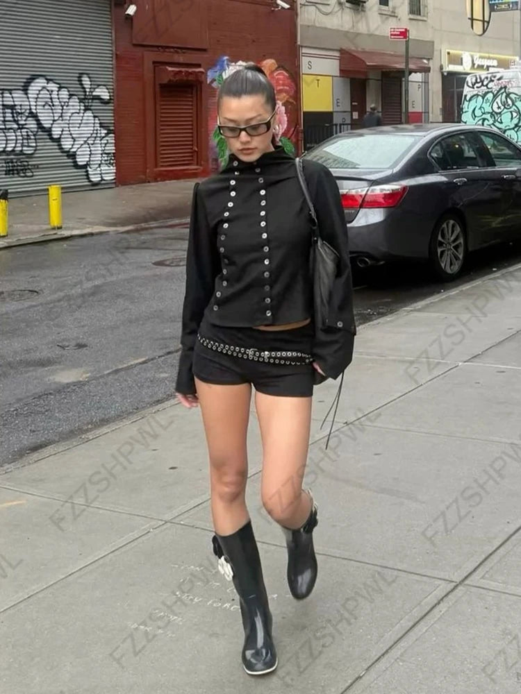 Goth Aesthetic Y2K Vintage Women's Long Sleeve Shirt Sexy Slim Fit Chic Button-Down Solid Color Crop Tops Grunge Punk Streetw