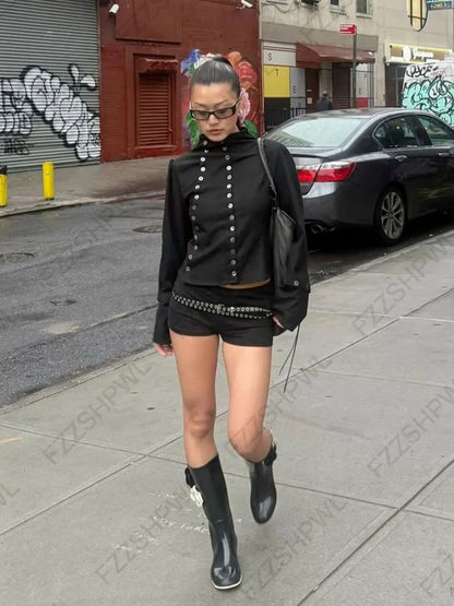 Goth Aesthetic Y2K Vintage Women's Long Sleeve Shirt Sexy Slim Fit Chic Button-Down Solid Color Crop Tops Grunge Punk Streetw