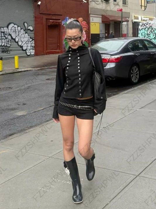 Goth Aesthetic Y2K Vintage Women's Long Sleeve Shirt Sexy Slim Fit Chic Button-Down Solid Color Crop Tops Grunge Punk Streetw