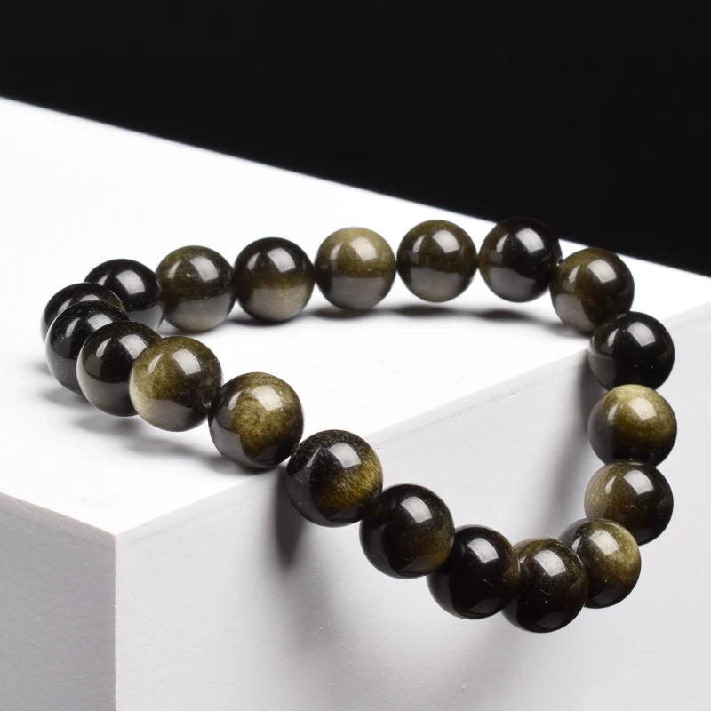 Natural Golden Obsidian Stone Beads Bracelet Men Women Golden Light Rainbow Obsidian Raw Stone Round Bead Natural Energy Jewe