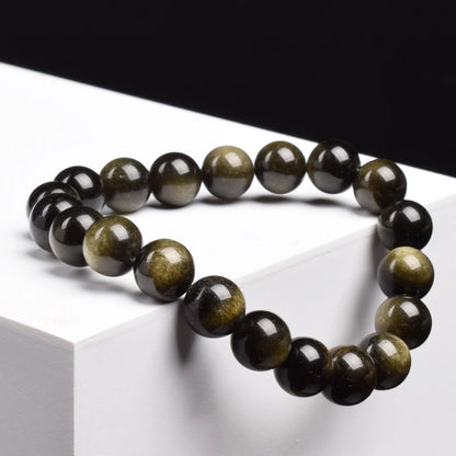 Natural Golden Obsidian Stone Beads Bracelet Men Women Golden Light Rainbow Obsidian Raw Stone Round Bead Natural Energy Jewe
