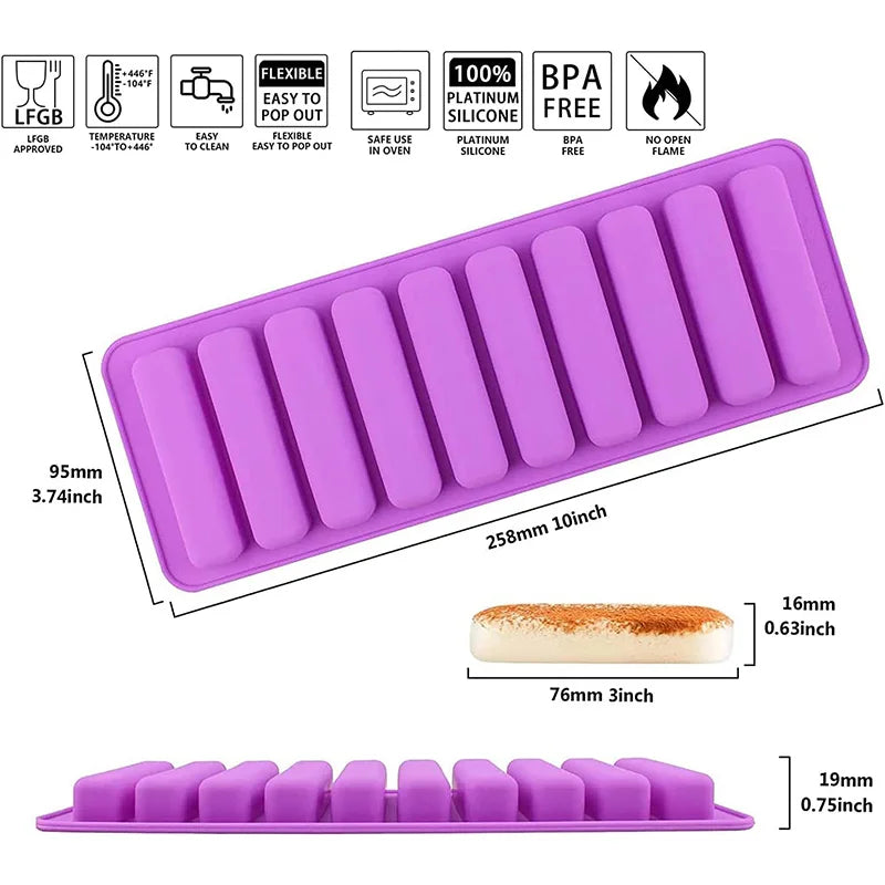 Long Strip Silicone Mold 10 Cavity Finger Shaped Chocolate Rectangular Cereal Chocolate Bar Cookie Ice Cube Trays Baking Tool