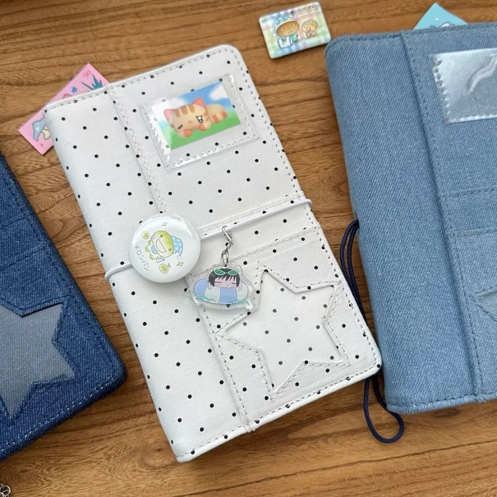A6 Polka Dot Cloth Binder Notebook 6-Hole Loose Leaf Portable DIY Scrapbook Journal Multi Pocket Photo Album Planner School G