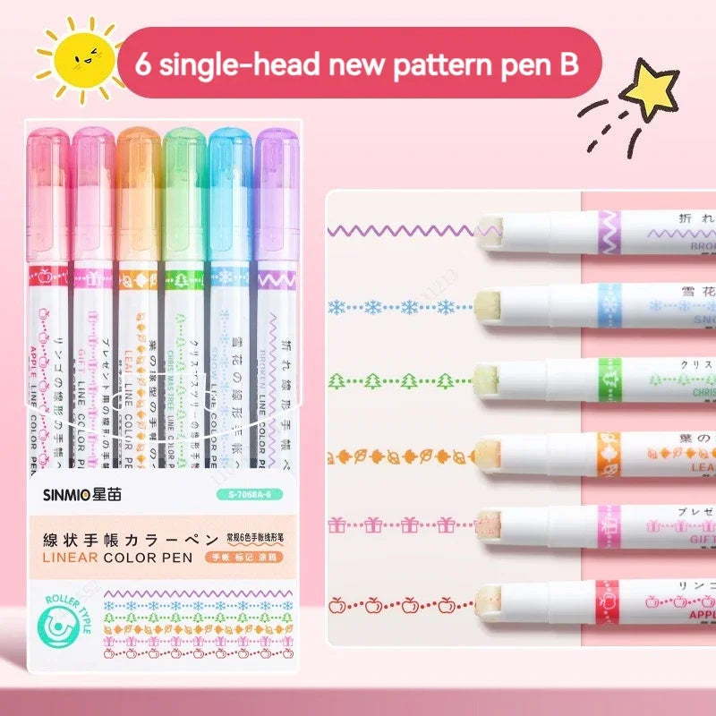 6Pcs/Set Flower Line Shape Highlighter Pen Roller Tip Curve Liner Marker Kawaii Korean Stationery School Office Supplies Gift