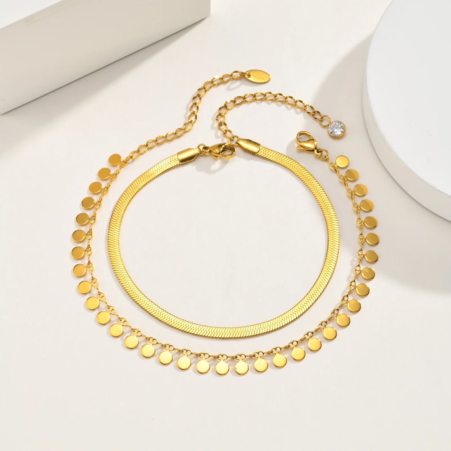 Anklet Set Layered for Women 18K Gold Plated Stainless Steel Flat Snake Chain Round Disk Waterproof Jewelry