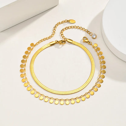 Anklet Set Layered for Women 18K Gold Plated Stainless Steel Flat Snake Chain Round Disk Waterproof Jewelry