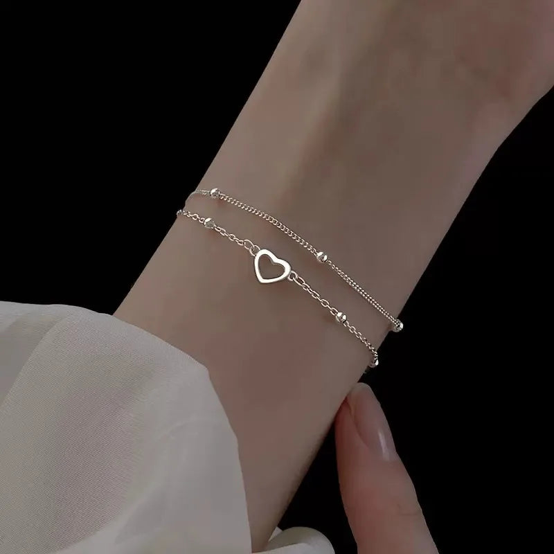 925 Sterling Silver Hollow Heart Bracelets For Women Girls Vintage Korean Design Double Layer Beads Bracelet Party Jewelry Gi