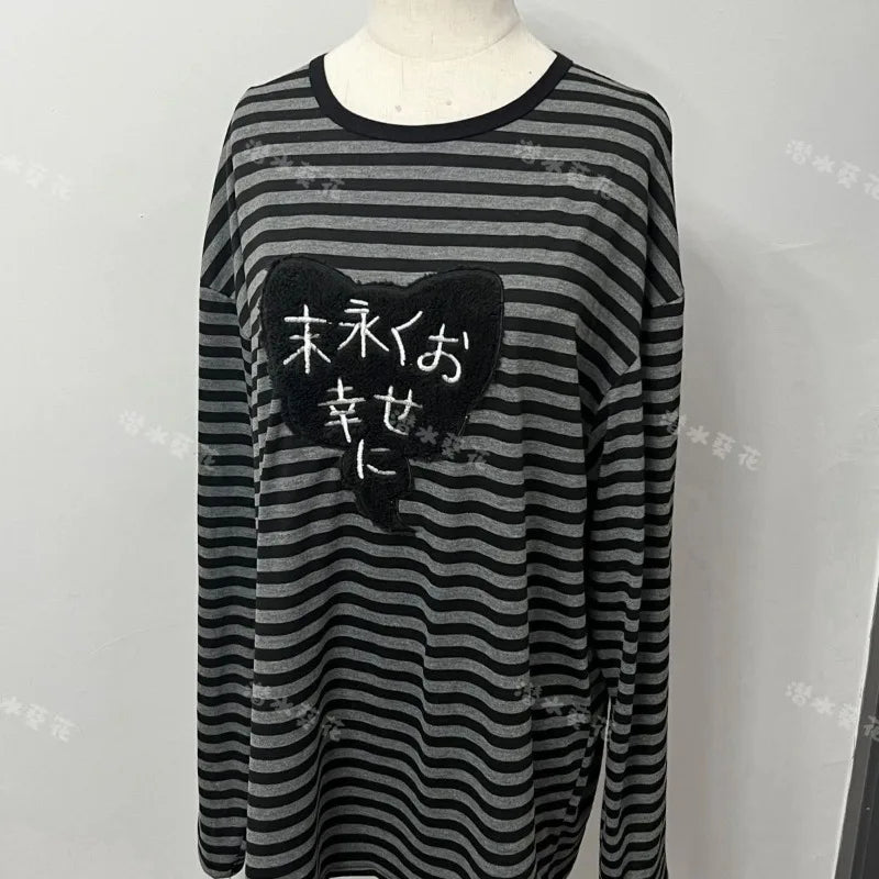 American Punk Vintage O Neck Long Sleeve Shirts All-Match Striped Design Harajuku Embroidery Tops Y2k Aesthetic High Street T