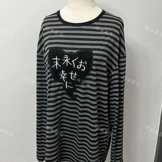 American Punk Vintage O Neck Long Sleeve Shirts All-Match Striped Design Harajuku Embroidery Tops Y2k Aesthetic High Street T