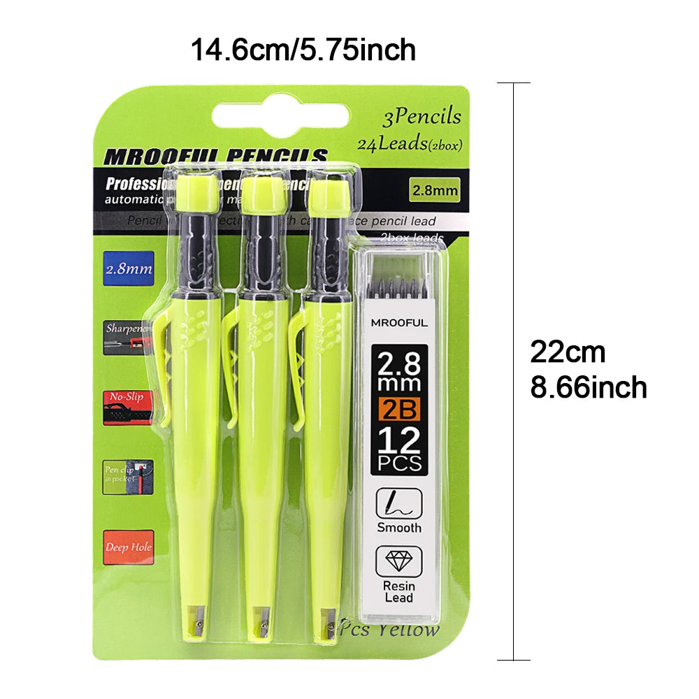 Professinonal Carpenter's Pencil Card Set, Deep Hole Marking And Drawing, With 2.8mm 2Box Leads, For Carpenters Engineering