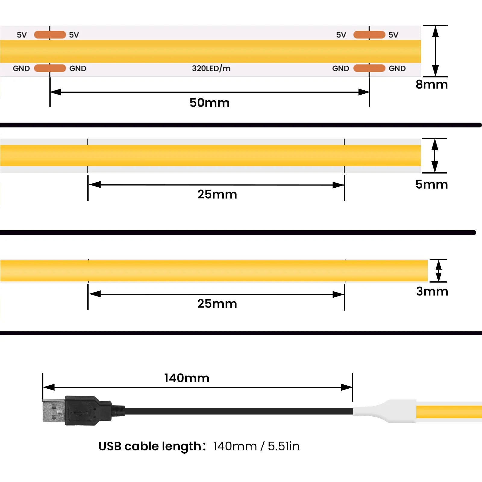 DC 5V USB COB Strip 3MM 5MM 8MM White/Pink/Red/White/Yellow/Ice Blue/Green Flexible Ribbon Rope Home Decor TV Backlight