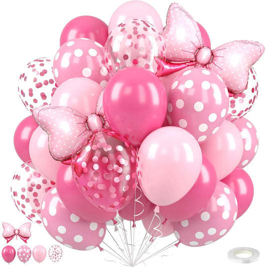 31Pcs/12inch Pink Bow Balloons,Hot Pink Rose Dots Bow Foil Balloon and Confetti Balloons with Ribbon, Girls Birthday Baby Sho