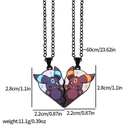 2-piece cute Eevee cartoon pendant necklace with heart patchwork, anime-style metal necklace - XL3401