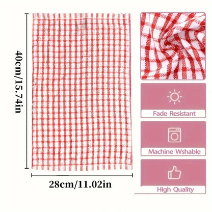 5pcs Absorbent Plaid Dish Towels - Reusable Kitchen Cleaning Cloths in Assorted Colors (Red, Blue, Orange, Yellow, Green)