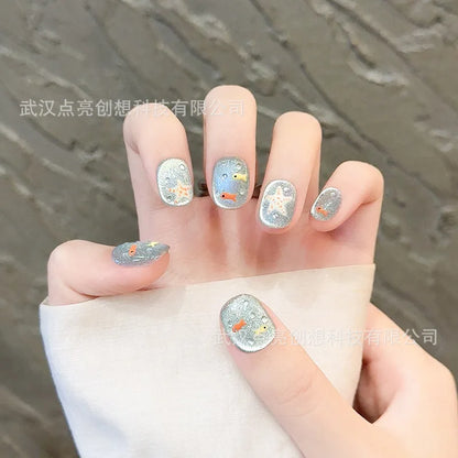 10pcs/set Handmade Press-On Nails - Blue Glossy Fish & Bubbles Design Short Oval Fake Nails with Cat Eye Effect False Nails