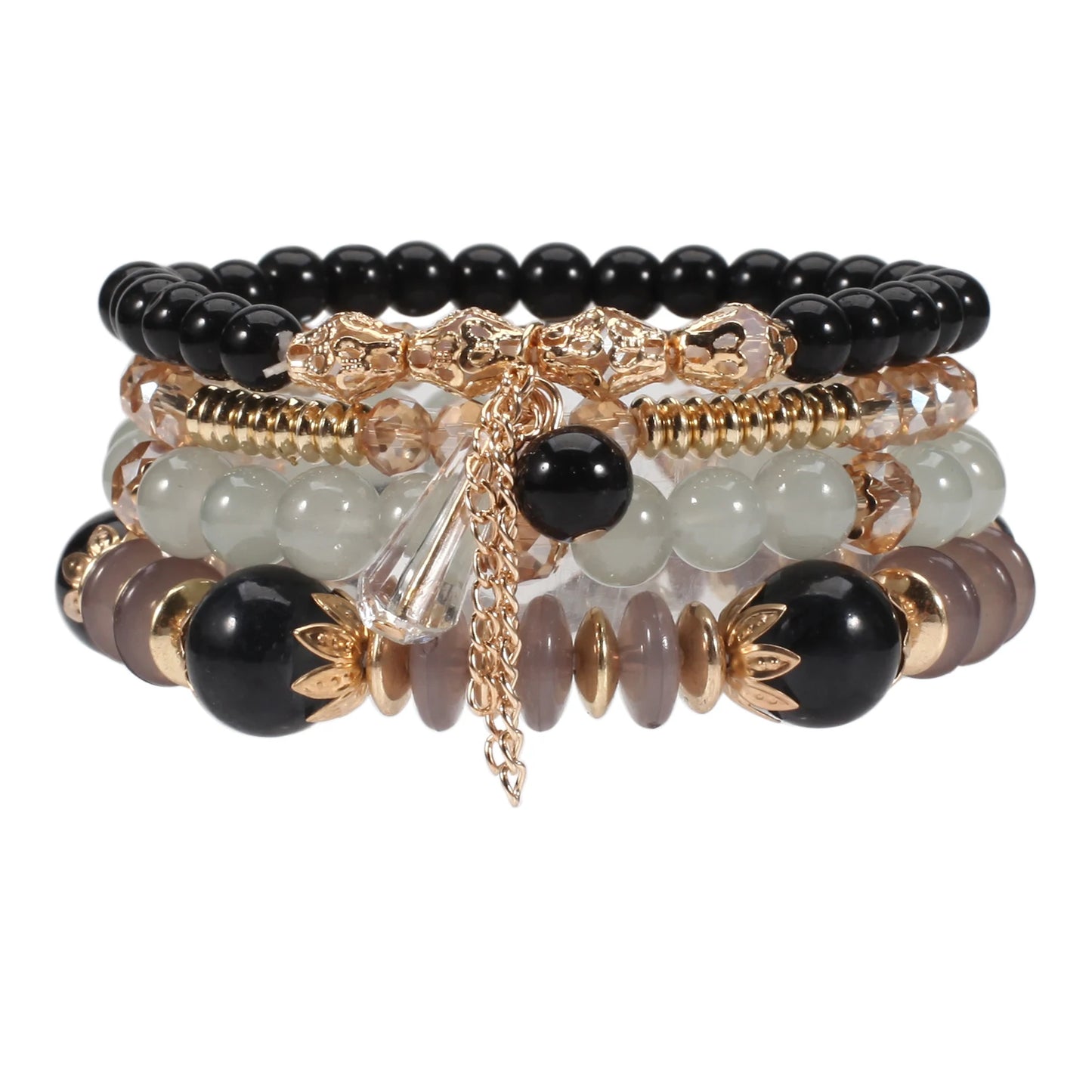Bohemian Stackable Bead Bracelets for Women Multilayered Bracelet Pendant Charm Stretch Bangles - black