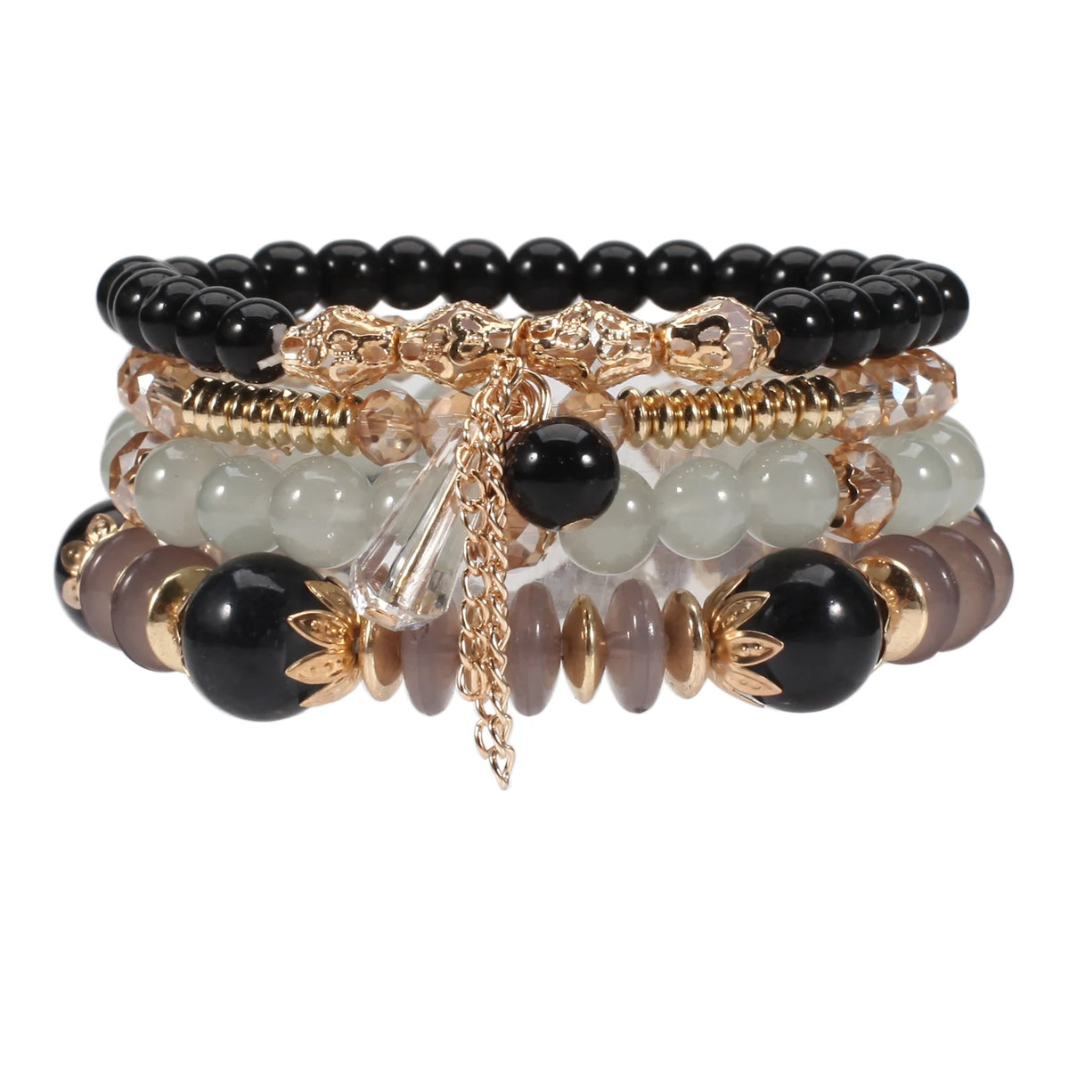 Bohemian Stackable Bead Bracelets for Women Multilayered Bracelet Pendant Charm Stretch Bangles - black