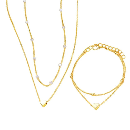 Fashion Imitation Pearl Heart Jewelry Set For Women Gold Silver Color Round Beads Necklace Bracelet Set Daily Wear Accessorie
