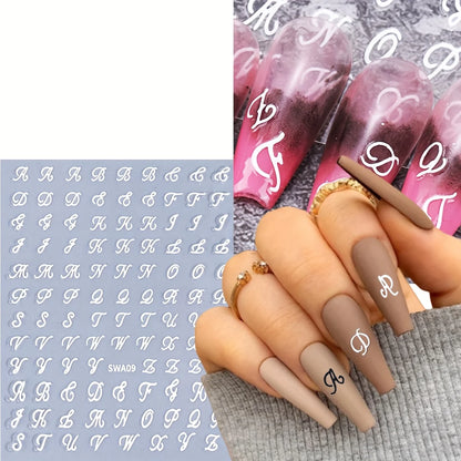 Retro English Letters Nail Stickers 4/8 Sheets 3D Self-Adhesive Nail Art Design Black White Gold Silver Nail Decals