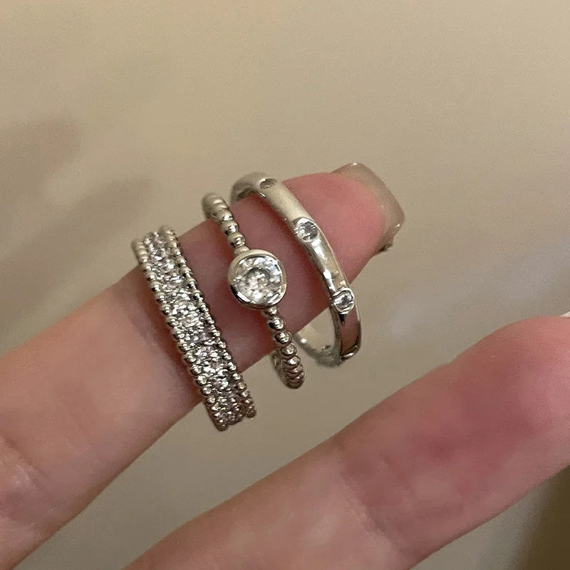 3-Piece Set Zircon Open Ring with Plain Circle Fashion Jewelry Accessory Set for Women - a