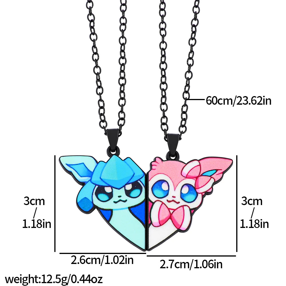 2-piece cute Eevee cartoon pendant necklace with heart patchwork, anime-style metal necklace - XL3395