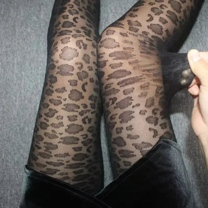 Vintage Women Sexy Thin Transparent Silky Pantyhose Gothic Black Sexy Leopard Animal Pattern Sheer Tights Seamless Stockings 