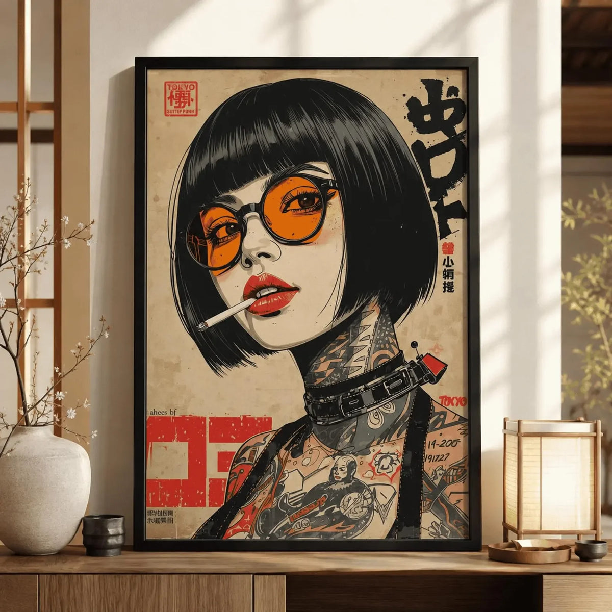Retro Japanese Woman Smoking Canvas Wall Art Print, Frameless Vintage Indie Canavs Poster for Living Room Decortion Women's G