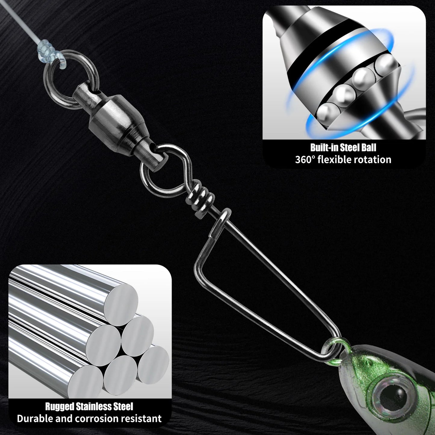 FishTrip Fishing Snap Swivels Ball Bearing Swivels with Stainless Steel Coastlock Snap Corrosion Resistant Black Nickel Coati