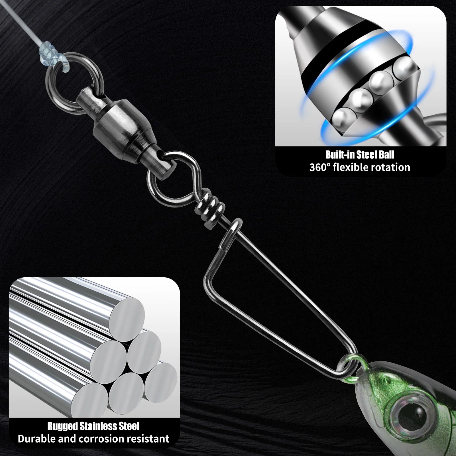 FishTrip Fishing Snap Swivels Ball Bearing Swivels with Stainless Steel Coastlock Snap Corrosion Resistant Black Nickel Coati