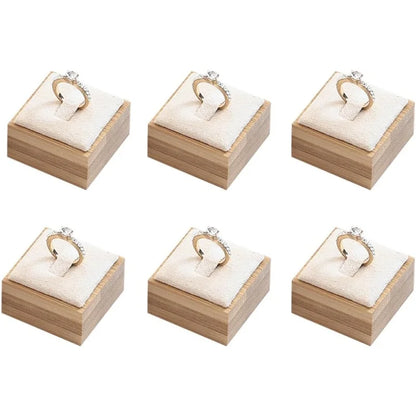 Ring Display Stands for Selling Square Bamboo Single Wood Ring Holder Organizer with Velvet Mat for Rings Trade - 6pcs Beige