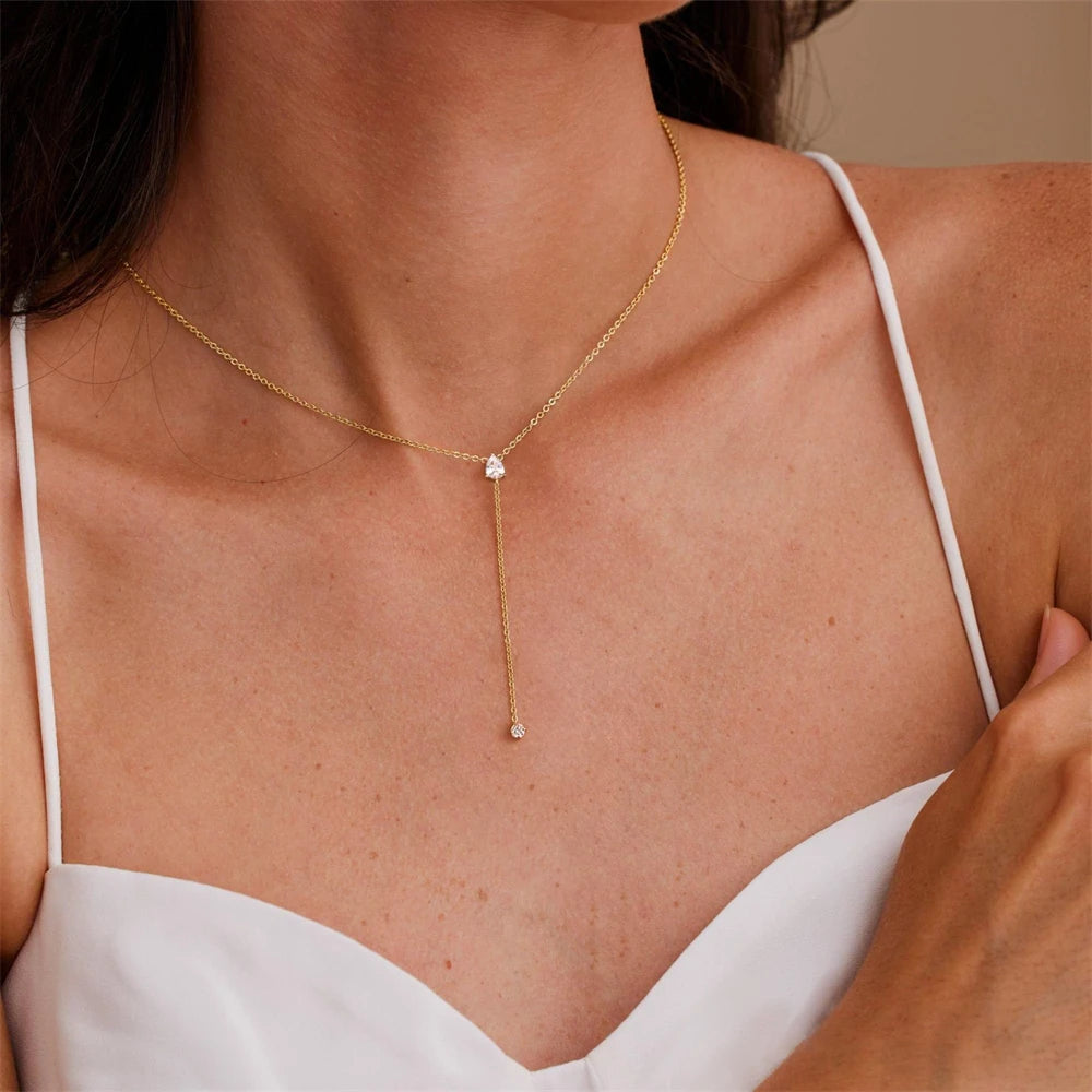 14K Gold Plated Lariat Necklace for Women CZ Star Clover Teardrop Y Shaped Drop Pendant Necklaces Elegant Party Wedding Jewel