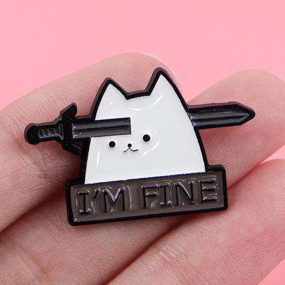 Cute Cat Enamel Pins "FINE"Brooches Metal Lapel Pin Badge Backpack Accessories Jewelry Friend Gifts