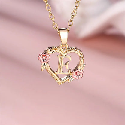 Female A-Z Letter Flower Pendant Necklace Yellow Gold Color Wedding Jewelry Gift For Women - E
