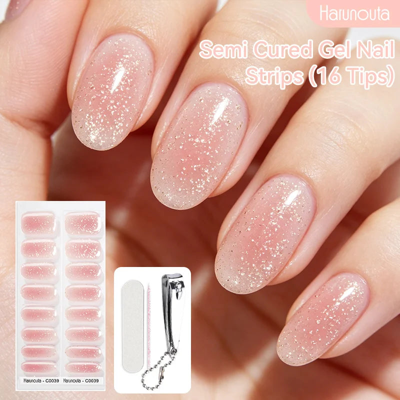 Harunouta 16strips Semi Cured Gel Nail Strips with Nail Clipper Set Self-Adhesive Glitter for Nails Work with UV/LED - Set 12