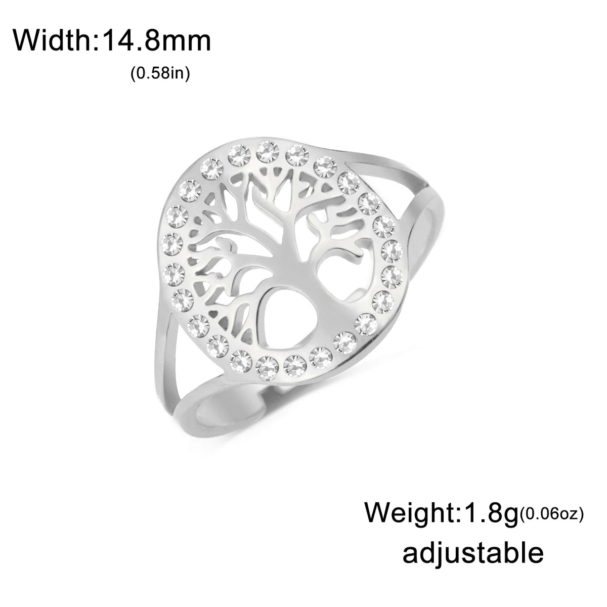 Skyrim Tree of Life Clear Zircon Round Ring Stainless Steel Gold Color Adjustable Women Finger Rings Amulet Jewelry - SILVER