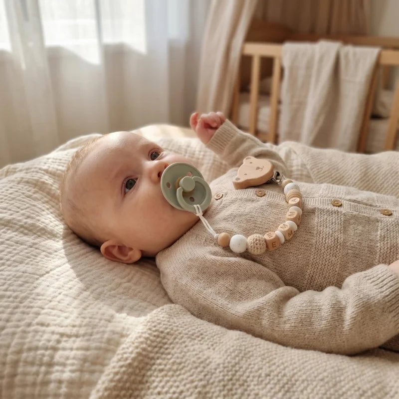 Personalized Pacifier Clip Custom Name Silicone Wooden Beads Baby Teether Chain Soother Holder BPA Free Newborn Baby Shower G