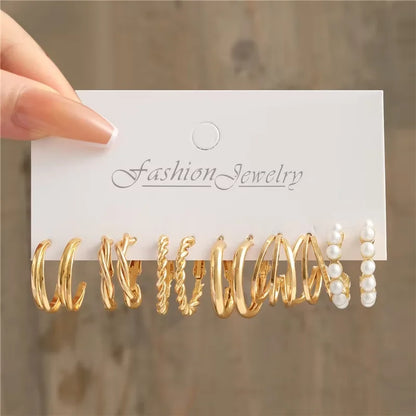Fashion Geometric Hoop Earrings Set for Women Vintage Bohemian Pearl Gold Color Round Earring Punk Daily Wear Jewelry Gifts 2