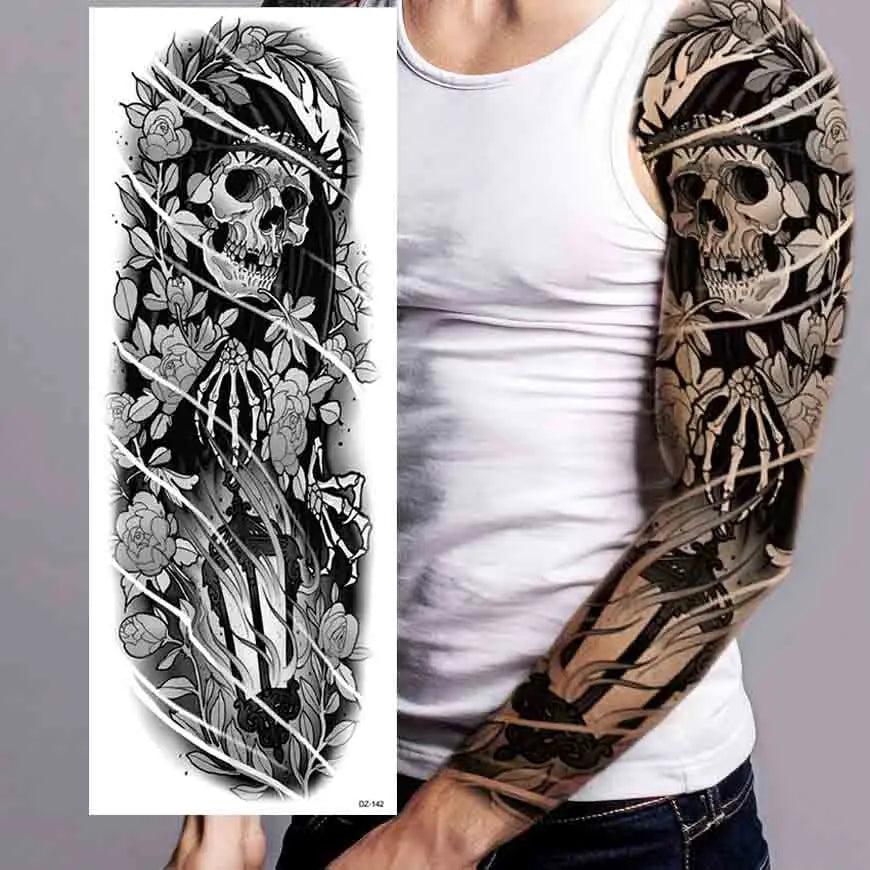 1 Sheets Wolf Lion Tiger Maori Temporary Tattoos For Men Women Adults Full Sleeve Arm Flower Rose Skull Tattoo Sticker Decor 