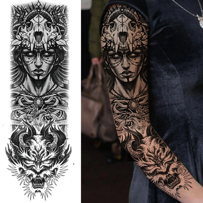 1 Sheets Wolf Lion Tiger Maori Temporary Tattoos For Men Women Adults Full Sleeve Arm Flower Rose Skull Tattoo Sticker Decor 