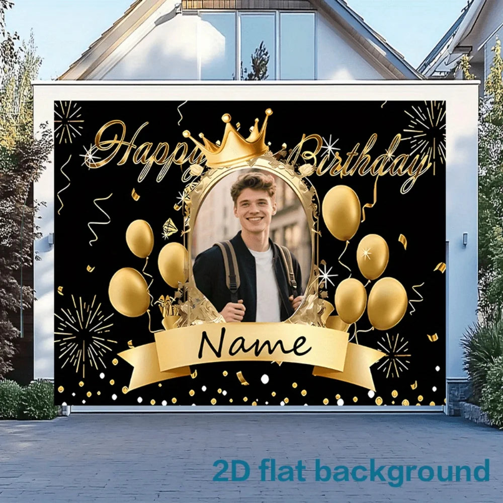 Party Banner 1pc Personalized Customization of Photos and Name Text, Black Golden Theme,for Family Party Events,Birthday Part