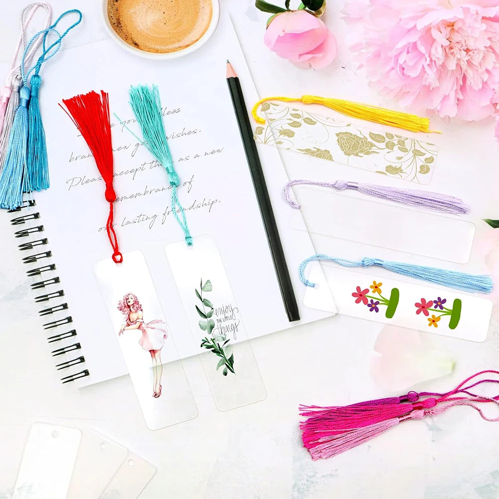 30Pcs Acrylic Bookmark Blanks Rectangle with Tassels Unfinished Transparent Acrylic Bookmarks Double Sided DIY Christmas Gift