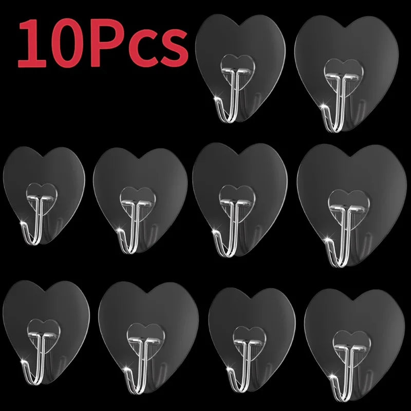 Heart Shape Transparent Hooks Non Punching Plastic Love Hangers Holder Self Adhesive Key Towel Multi-Purpose Hooks Storage Ra