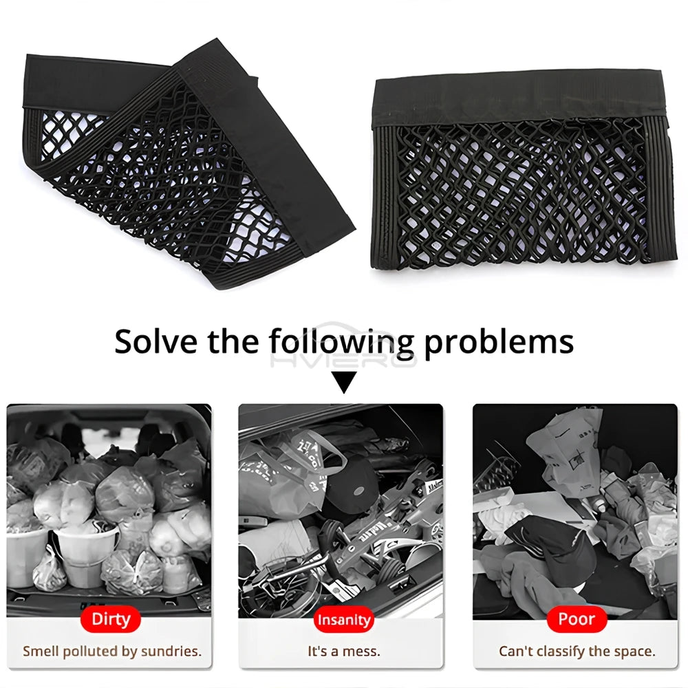 1X Car Back Rear Trunk Organizer Net Mesh Seat Elastic String Magic Sticker Universal Storage Bag Pocket Auto Put Paper Stowi