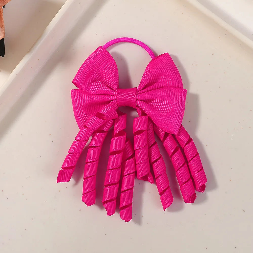 Baby Girls Back To School Ribbon Curly Hair Bow with Ties Rope Elastic Hairbands Kids Ponytail Holder Bowknot Hair Accessorie