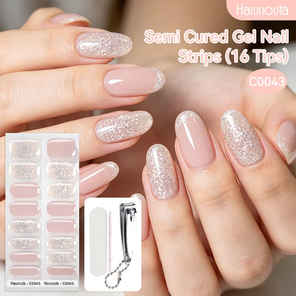 Harunouta 16strips Semi Cured Gel Nail Strips with Nail Clipper Set Self-Adhesive Glitter for Nails Work with UV/LED